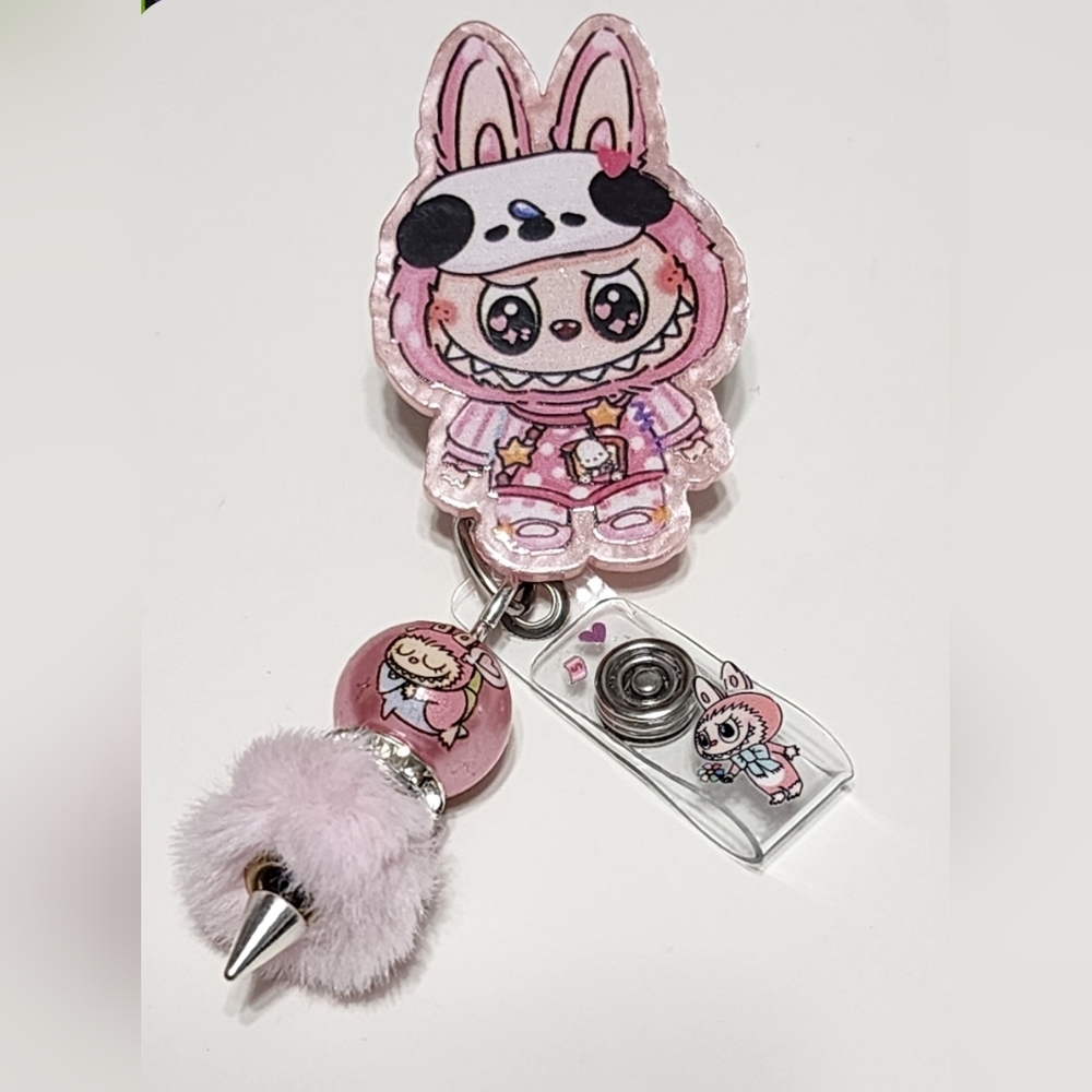 Badge Reel Labu Monster LBB Beaded Clip‎ Alligator Badge Clip ID Holder Pink